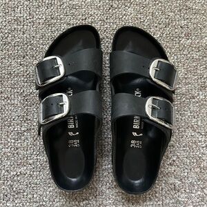 Birkenstock Arizona Big Buckle Black Slides with Silver Buckles